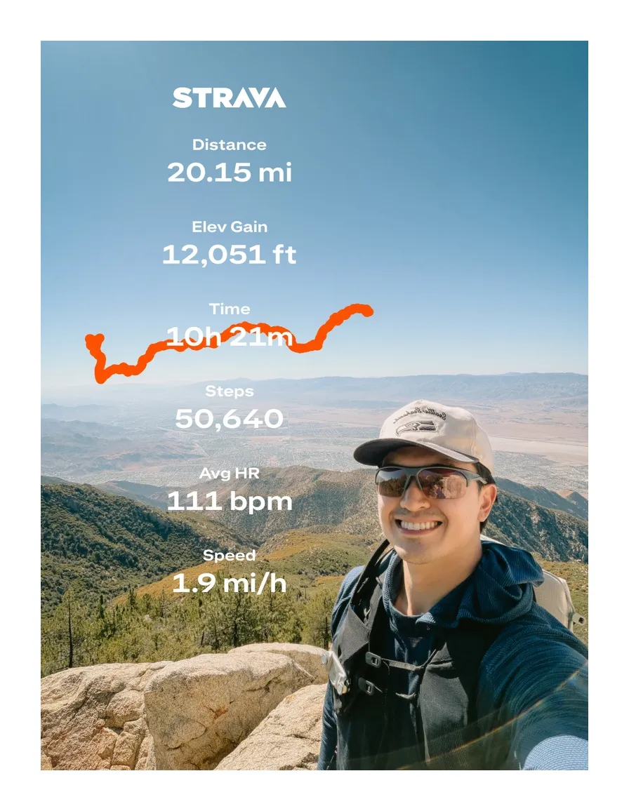 Strava stats for the hike: 20.15 miles, 12,051 ft of elevation gain, 10h 21m, 50,640 steps